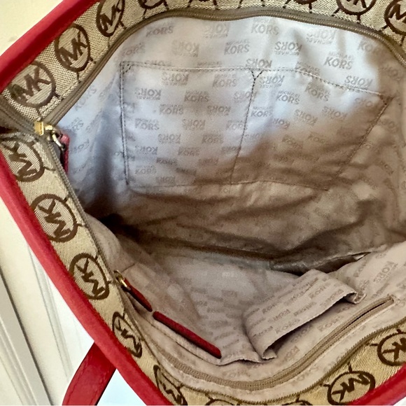 Michael Kors Red Handle Canvas Tote Bag Jet Set Messenger - Picture 6 of 8